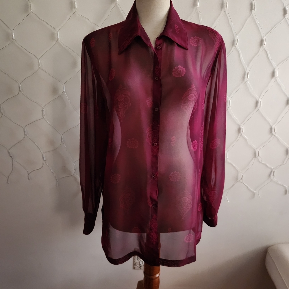 ¤ Vintage Ox Blood Red Sheer Button Down Blouse • Norton McNaughton • Large